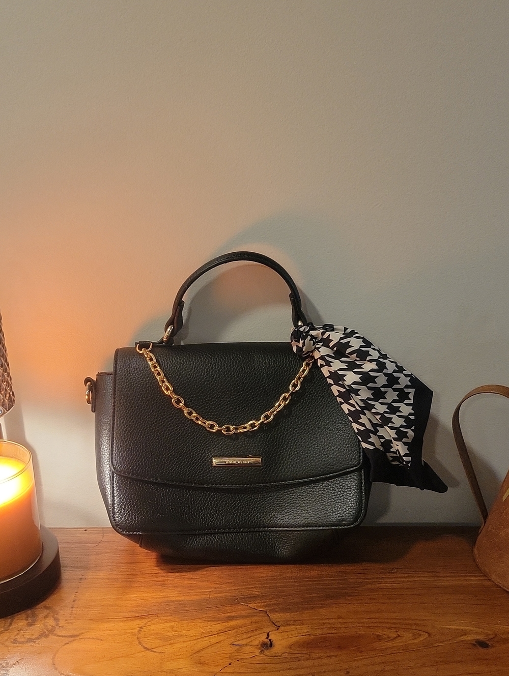 Anne Klein Black Pebbled Top Handle Satchel Bag with Scarf